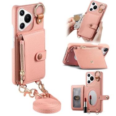 Imagem de Capa de telefone carteira transversal removível durável para Huawei Pura 70, bolsa com zíper, suporte de anel, espelho integrado, compartimento para cartão, suporte multiângulo em elegante capa de