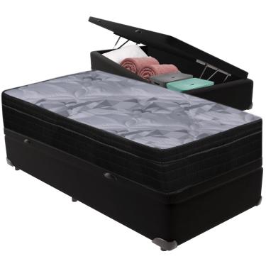 Imagem de Cama Box Baú Preto e Colchão Airtech Pampa Molas ensacadas Solteiro Ortobom