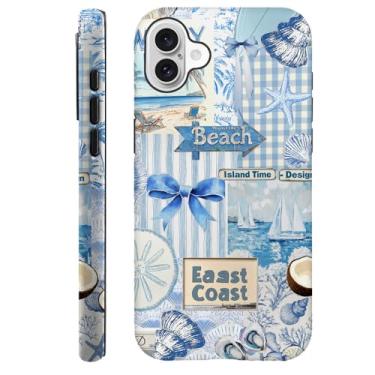 Imagem de kiritfox Capa compatível com iPhone 16, capa de telefone híbrida com colagem de estrela do mar concha de praia capa rígida de 2 camadas, macia à prova de choque para meninas, mulheres, meninos e