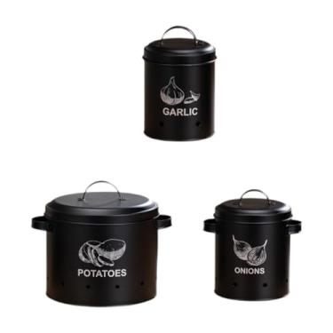 Imagem de ＫＬＫＣＭＳ 3 peças de cebola de batata alho latas de gabinetes de armazenamento de cozinha com tampa para organização de despensa, Preto