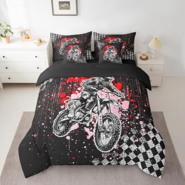 Imagem de Feelyou Conjunto de edredom infantil para meninos, motocross, esportes radicais, 7 peças, conjunto de cama casal com motociclista, motocross, decoração de quarto de meninos