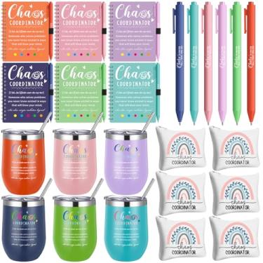 Imagem de Sieral 6 conjuntos de presentes de coordenador de caos para mulheres, presente de agradecimento, agradecimento, copo de aço inoxidável a granel com tampa, caderno espiral com caneta adesiva, bolsa de
