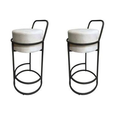 Imagem de Kit 2 Banquetas Alta Redonda Base Preta Veludo - Bege