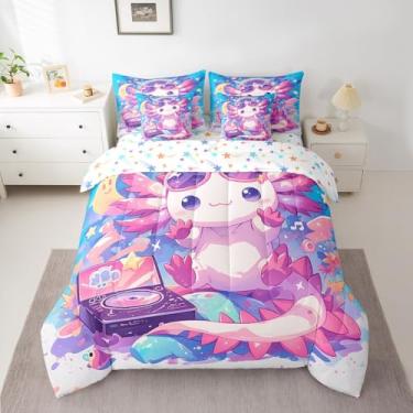 Imagem de Feelyou Jogo de cama kawaii Axolotl de 7 peças, tamanho casal, fofo, animal, para decoração de quarto de adolescentes, meninos, meninas, arco-íris, estampa de estrela, em uma bolsa, macio e reversível