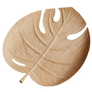 Imagem de WYUYIWH Bandeja de madeira sustentável natural com bordas de casca de fruta, bandeja de frutas, prato de dim sum original, feito à mão, folha de madeira, prato de frutas, arte literária, prato de