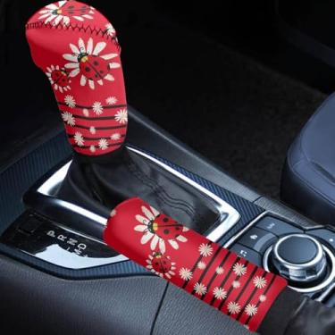 Imagem de KEIAHUAN Capa de freio de mão de carro Ladybug Daisy com capa de botão de mudança de marcha, conjunto de 2 capas antiderrapantes para manípulos de mudança de marchas para SUV, sedan, caminhão, van