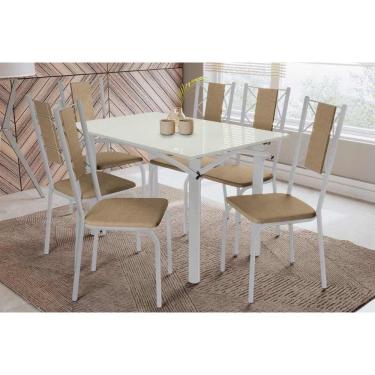 Imagem de Sala de Jantar Completa Elba Tampo Madeirado c/ Vidro 120cm e 6 Cadeiras Lisboa Cromada/Off White - Courano Capuccino - Kappesberg