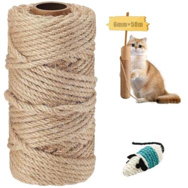 Imagem de Corda de sisal arranhadora de gato de 50 m, corda de 6 mm para arranhador de gatos, corda de juta natural com 1 brinquedo de rato para substituir arranhadores, conjunto de jardim, conserto de árvore