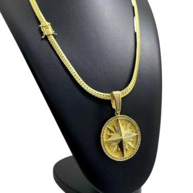 Imagem de Cordão 7Mm Laminado + Pingente Rosa Ventos - Banhado A Ouro - Tojoia18