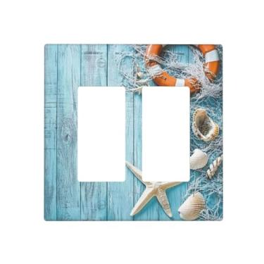 Imagem de OILbiexn Capas decorativas de madeira azul com rede de pesca de estrela do mar, concha salva-vidas, placa de parede de 2 gangues, capa de interruptor duplo para decoração de casa de praia