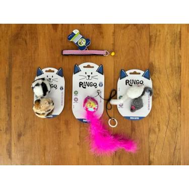 Imagem de Kit 4 Peças Pet – Brinquedos para Gato com Coleira, Ratinho, Bolinha de Pelúcia e Bola com Guizo - MELLUZ (Rosa, Mini)