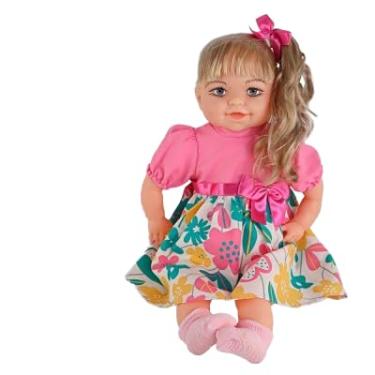 Imagem de Boneca Infantil com Vestido Floral Rosa, Laço de Cabelo, 30 cm