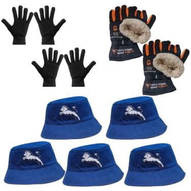Imagem de Luva Básica, Luva de Moto Forrada, Chapeu Bucket - Kit's (2 Luva Preta + 2 Luva de Moto Laranja + 5 Chapeu Azul)