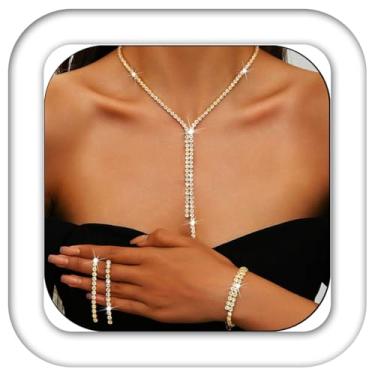 Imagem de Kilshye Conjunto de joias de casamento com strass, colar, brincos, pulseiras, bailes de formatura, bijuterias para mulheres, One Size, Metal, Sem Pedra Preciosa