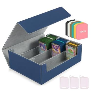 Imagem de CLOKORIA Caixa de armazenamento de cartões para cartões colecionáveis, 1800+ estojo de cartas de couro PU Commander com 12 divisórias e 3 suportes, suporte de cartão de fecho magnético para YuGiOh