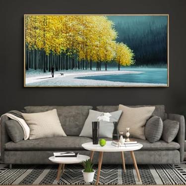 Imagem de KLAKLA Arte de parede grande - Quarto amarelo árvore de bétula vale floresta nevada lagos selvagens paisagem imagens de tela decoração de parede para sala de estar, escritório, decoração de casa - 101