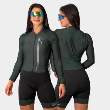 Imagem de Macaquinho de Ciclismo Feminino Forro Gel Manga Longa Proteção Uv Resp