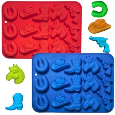 Imagem de 2 moldes de doces de chocolate de caubói - bota de chapéu de cowboy, moldes de silicone em forma de sela de cavalo, molde de doces com tema ocidental, molde de gelatina, cubo de gelatina, vela para