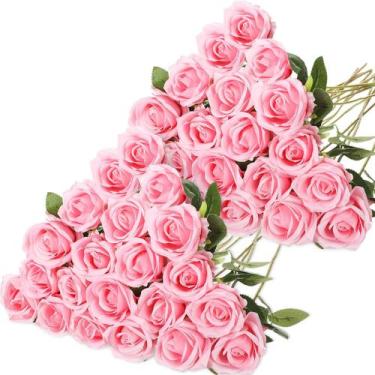 Imagem de Flores artificiais Hotop Rose, 40 unidades com caule longo, rosa