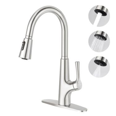 Imagem de Aktines Torneira de cozinha com pulverizador de puxar para baixo, torneira de pia de cozinha de aço inoxidável de arco alto de 3 funções com placa de deck, acabamento escovado