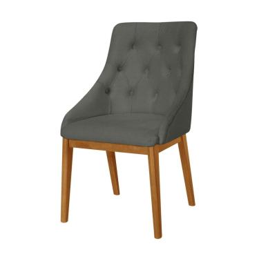 Imagem de Cadeira De Jantar Luxo Estofada Elisa Anatômica Linho Cinza Escuro Capitonê Base Madeira Maciça 