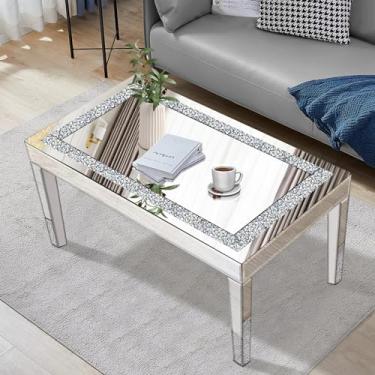 Imagem de Jesantab Mesa de centro espelhada prateada com incrustação de cristal, mesa de chá de vidro retangular com acabamento espelhado, mesa central moderna para sala de estar e escritório (60 cm P x 89 cm L