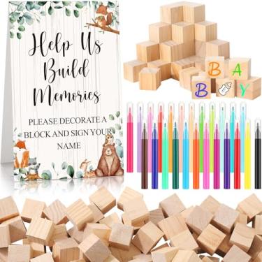 Imagem de Dinifee 125 Pcs Baby Shower Decorate a Block Game Set Includes Help Us Build Memories Sign 100 DIY Blank Wooden Block 24 Paint Marker Prize for Wedding Baby Shower Game(Forest Animal)