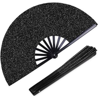 Imagem de OHOME Ventoinhas de mão para mulheres dobráveis - leque de rave dobrável grande preto | Fãs para dança em linha - Tecido retrô vintage de tecido de nylon, ventilador de mão para festas de meia para
