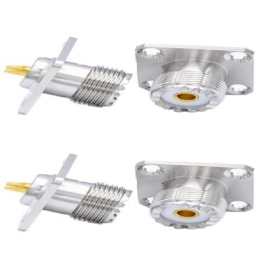 Imagem de UHF fêmea 4 furos painel montagem em chassi flange adaptador de montagem em painel copo de solda coaxial adaptador conector coaxial para plugue macho 4 peças