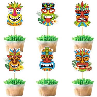 Imagem de 24Pcs Hawaiian Tiki Cupcake Toppers Tropical Totem Hawaiian Themed Party Decorations for Tropical Hawaii Aloha Party Supplies
