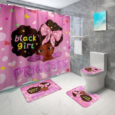 Imagem de Jiospet Conjunto de banheiro afro-americano - tapetes de cortina de chuveiro para meninas negras, capa de tampa de vaso sanitário e tapete em forma de U, 4 peças, conjuntos de banheiro com 12 ganchos