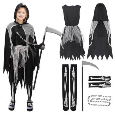 Imagem de EJWCIG Fantasia de Ceifador Assustador de Halloween para crianças, 6 peças, fantasia de zumbi, cosplay, kit de acessórios (M)