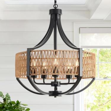 Imagem de VDWO Lustre de casa de fazenda de vime de 50,8 cm, luminária pendente de vime rústico de 5 luzes com sombra de vime em tecido boho preto para sala de jantar, sala de estar, cozinha, ilha, quarto