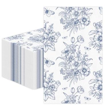 Imagem de 100 peças de guardanapos de papel florais azuis, flores azuis e brancas descartáveis toalhas de mão de hóspedes decoupage guardanapos de jantar decorativos para cozinha, casamento, aniversário, noiva