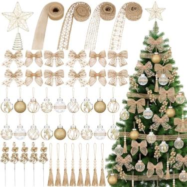 Imagem de Motionchic Conjunto de 70 peças de decorações de árvore de Natal de plástico transparente rústico champanhe enfeites de Natal bolas com fita, bagas, caules, laço, corda de juta, borla para guirlanda