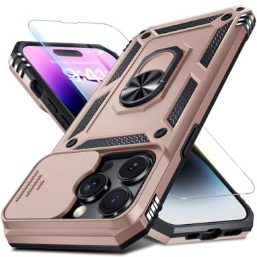 Imagem de Janmitta Capa para iPhone 13 Pro, capa de lente de câmera deslizante embutida + protetor de tela, capa de telefone de corpo inteiro resistente à prova de choque com suporte de anel de dedo, ouro rosa