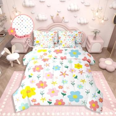 Imagem de Erosebridal Jogo de cama casal com 7 peças, desenho kawaii, floral, floral, colorido, conjunto de edredom, conjunto de lençol, fronhas e fronhas, vermelho, amarelo, azul, decoração de quarto