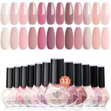 Imagem de modelones Conjunto de 12 cores de esmalte rosa nude de secagem rápida, kit de mini esmaltes de unhas com brilho neutro, branco, glitter, dedo do pé, manicure a granel, faça você mesmo, salão de beleza