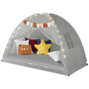 Imagem de YCDTMY Tendas para cama de solteiro internas com luzes e bandeiras de estrelas, barraca infantil grande portátil e dobrável, barraca de cama infantil para meninos e meninas, barraca de dormir com