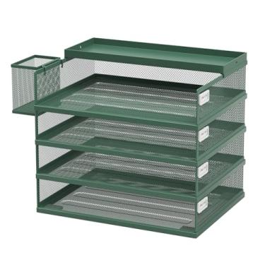 Imagem de FANXIYQ Bandejas de metal empilháveis para cartas, organizador de mesa de 4 camadas e bandejas de papel para escritório, arquivo empilhável e bandeja de documentos com etiquetas magnéticas, verde