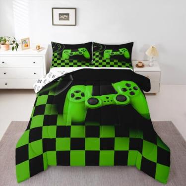 Imagem de Erosebridal Conjunto de Edredom Gamer para Meninos, Decoração Completa para Casa, 3 Peças, Conjunto de Cama Xadrez Xadrez Verde, Microfibra Macia, Edredom Reversível e Quente para (Completo, Multi 02)