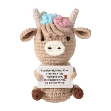 Imagem de predolo Brinquedo de lã de vaca de malha Highland Cow para festa de mesa de crochê Mini animal de crochê engraçado e positivo para a mãe Fazenda Escritório
