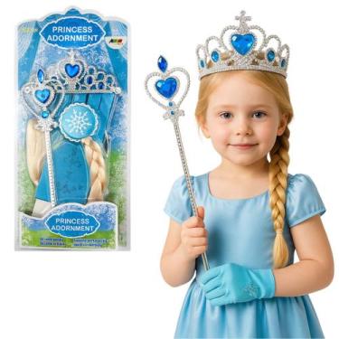 Imagem de Kit Princesa Frozen 4 acessórios Trança Luva Coroa Varinha - COMPANY K