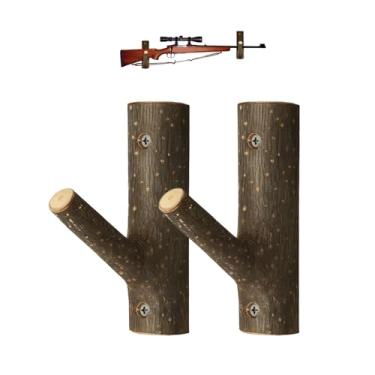Imagem de Suporte para armas de madeira natural - feito à mão, montado na parede, serve para rifles, espingardas e arcos, estilo rústico, capacidade de peso de 18 kg, inclui ferragens de montagem (pequeno)