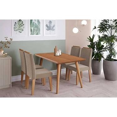 Imagem de Sala De Jantar Completa Adele Tampo Madeirado 130x80cm E 4 Cadeiras Clarice Carvalho/cinamomo - Linho Bege - Cimol