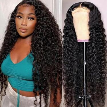 Imagem de Perucas frontais de renda transparente de cabelo sintético com peruca frontal de onda profunda pré-arrancada longa parte média encaracolado sem cola para mulheres negras africanas meninas (66 cm