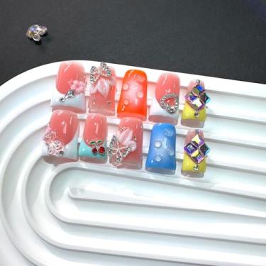 Imagem de Unhas de pressão francesas feitas à mão com cola, unhas postiças de pato médio laranja com arte de flores 5D e design de strass grande, gel multicamadas, 100% feito à mão, acrílico natural, unhas