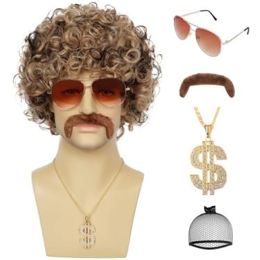 Imagem de YTbeauty Peruca discoteca dos anos 70, 80, com colar de óculos de sol, corrente dourada, peruca curta afro encaracolada para homens dos anos 60, fantasia hippies, cosplay, festa de Halloween (loira