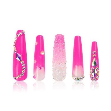 Imagem de LOVFUL Praça tufão rosa Press on Nails | Feito à mão com cristais totalmente cobertos | Pregos reutilizáveis de cobertura completa | Caixão comprimento médio 4,3 cm | H38-M