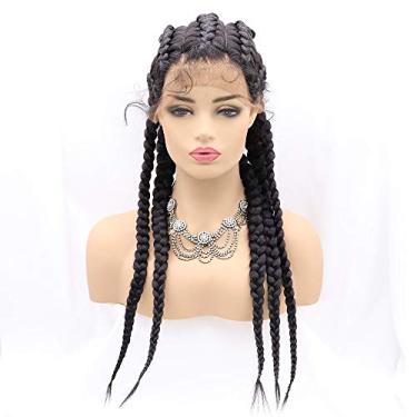 Imagem de Sylvia Peruca frontal com 5 tranças pretas feitas à mão em caixa trançada sintética com cabelo de bebê, trançado, preto, trançado, 5 tranças, peruca para mulheres negras de fibra resistente ao calor
